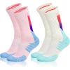 imageHylaea Athletic Running Socks with Cushion Crew Length AntiBlister Moisture Wicking Seamless Toe Pink White Large 2 Pairs