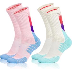imageHylaea Athletic Running Socks with Cushion Crew Length AntiBlister Moisture Wicking Seamless Toe Pink White Large 2 Pairs