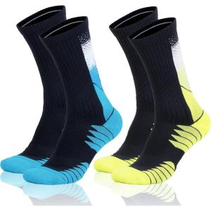 imageHylaea Athletic Running Socks with Cushion Crew Length AntiBlister Moisture Wicking Seamless Toe Yellow Black Medium 2 Pairs