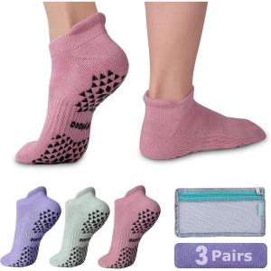 imageHylaea Unisex Non Slip Socks with Grip for Yoga Hospital Pilates Barre  Ankle Cushioned3 Pairs Pink Purple Blue