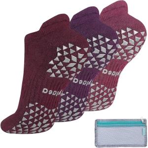 imageHylaea Unisex Non Slip Socks with Grip for Yoga Hospital Pilates Barre  Ankle Cushioned3 Pairs Pink Purple Red