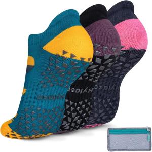 imageHylaea Unisex Non Slip Socks with Grip for Yoga Hospital Pilates Barre  Ankle Cushioned3 Pairs Yellow Blue Brown