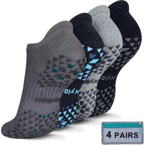imageHylaea Unisex Non Slip Socks with Grip for Yoga Hospital Pilates Barre  Ankle Cushioned4 Pairs Black Grey Bicolor Grips