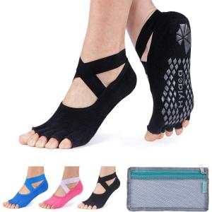 imageHylaea Yoga Socks for Women with Grip ampamp Non Slip Toeless Half Toe Socks for Ballet Pilates Barre DanceBlackCyanPink